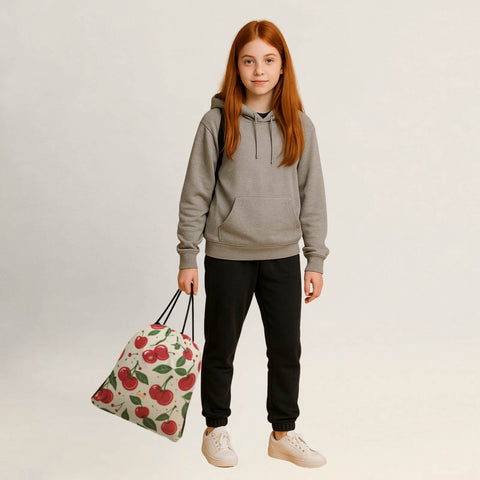 Person hält einen Turnbeutel mit Kirschen-Design locker in der Hand.