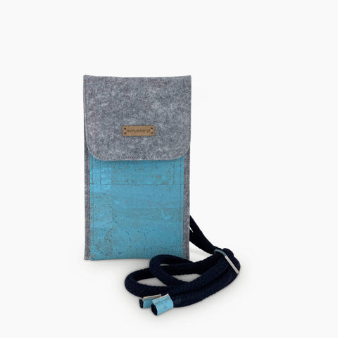 Olkalaukku Fairphone 5:lle | huovasta ja luomupuuvillasta | vaaleanharmaa - azur | Malli KEDJA deluxe