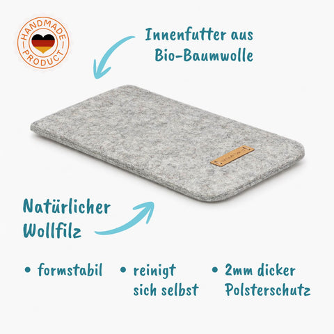 Mittatilaustyönä valmistettu puhelinkuori | valmistettu huovasta ja luomupuuvillasta | vaaleanharmaa - Bloom | Malli "LET"